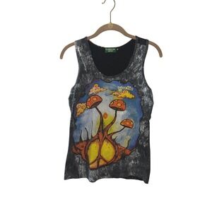 Kathmandu Imports Mushroom Peace Sign Tank Top Black Mineral Wash Size Small